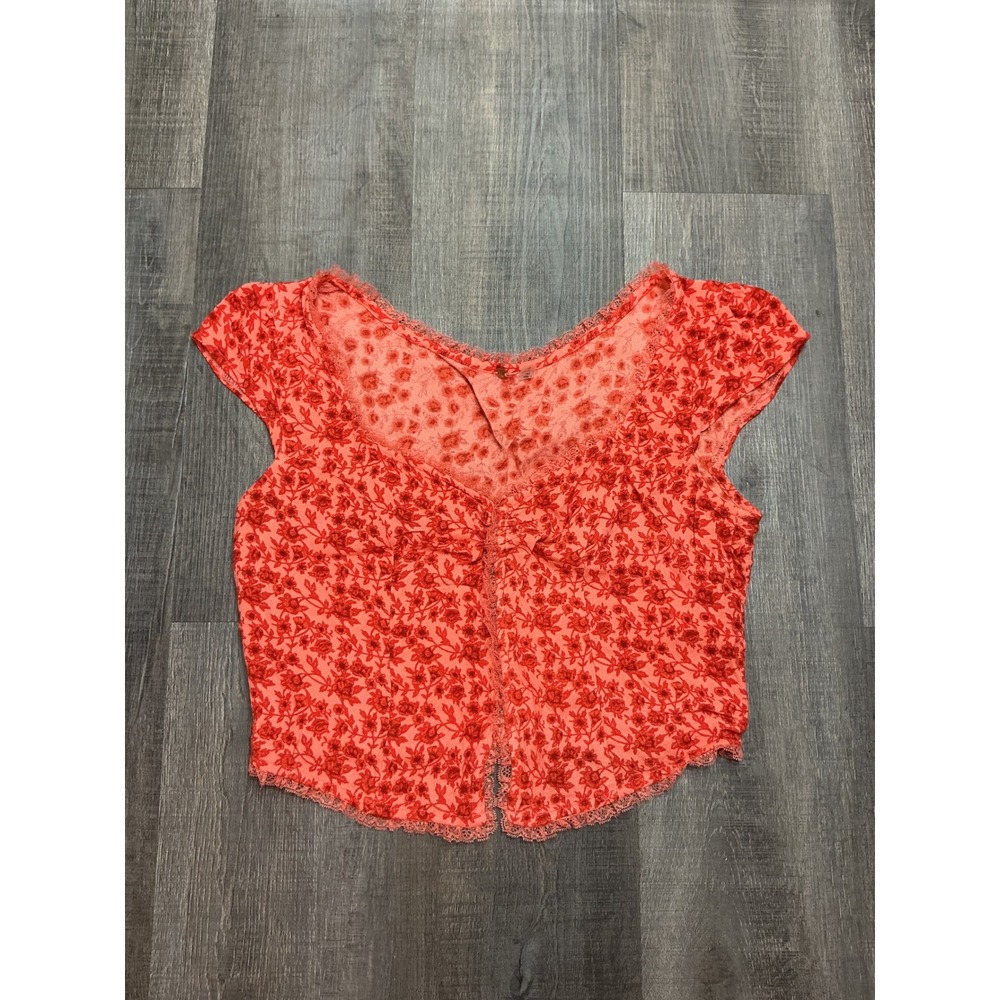 Free People FP One Red Floral Lace Trim Hook Eye Crop Top Blouse Small